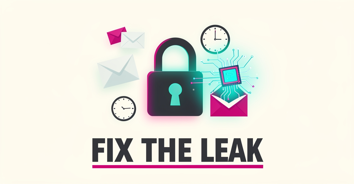 Flat illustration of a padlock with envelopes and an AI chip symbolizing AI-powered email follow-up fixing escape room lead loss.