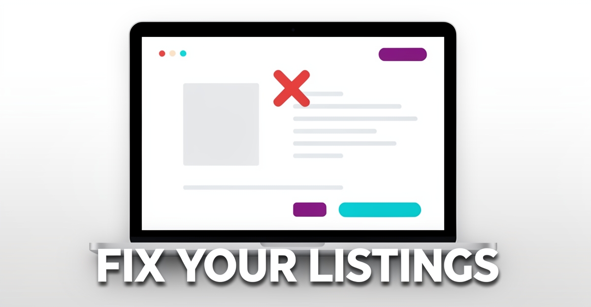 A minimalist flat illustration of an estate sale website listing with missing photos and unclear timeline, highlighting common buyer turnoffs in a clean, modern design.