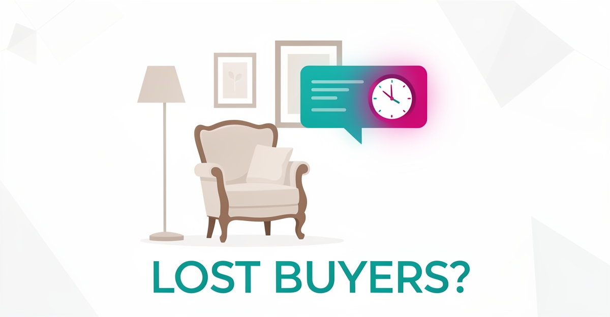 Flat illustration of estate sale furniture with a chat bubble and clock icon, symbolizing instant answers to buyer inventory and timing questions.