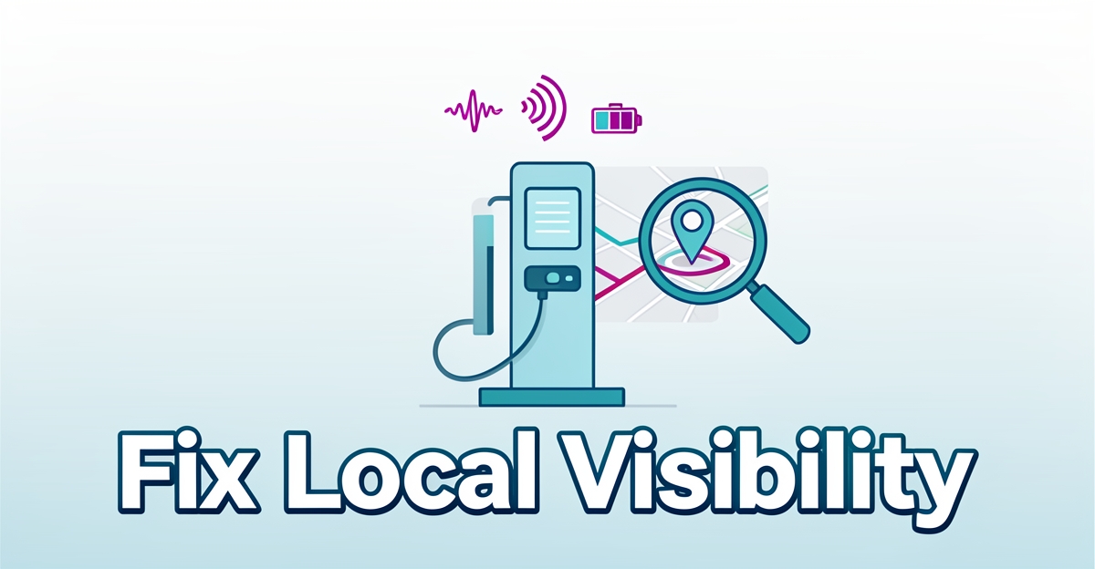Flat illustration of an EV charging station with battery diagnostics symbols and a map pin, symbolizing local SEO for EV service sites, with brand-colored accents and a headline overlay.
