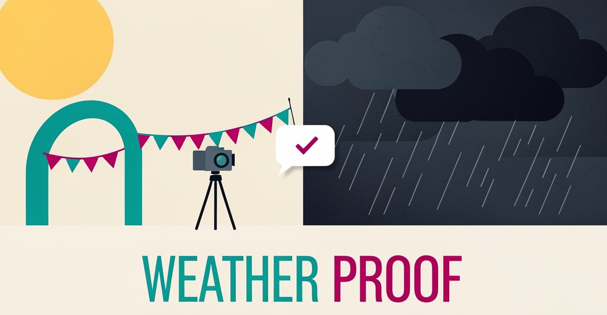 Flat illustration of an outdoor event split between sunshine and storm clouds with a chat bubble resolving booking doubts, accented in teal and magenta.