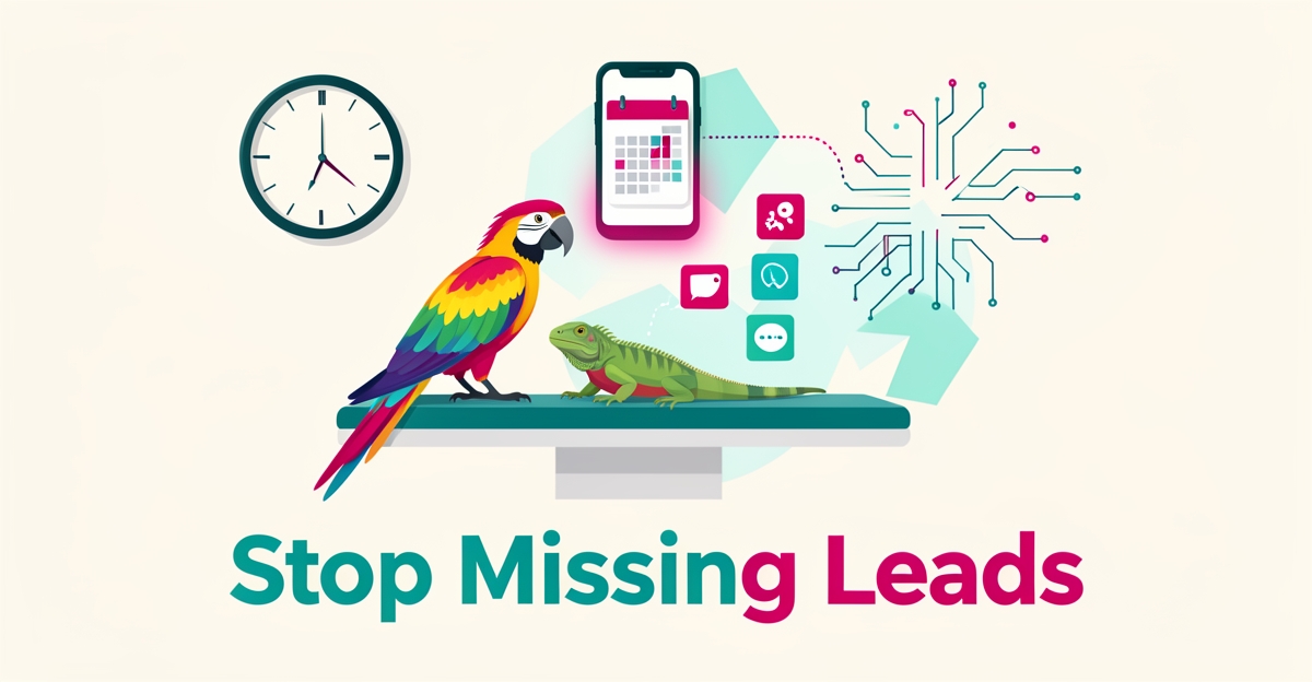 Flat illustration of an exotic vet clinic with a parrot, midnight clock, and AI scheduling phone in teal and magenta accents.