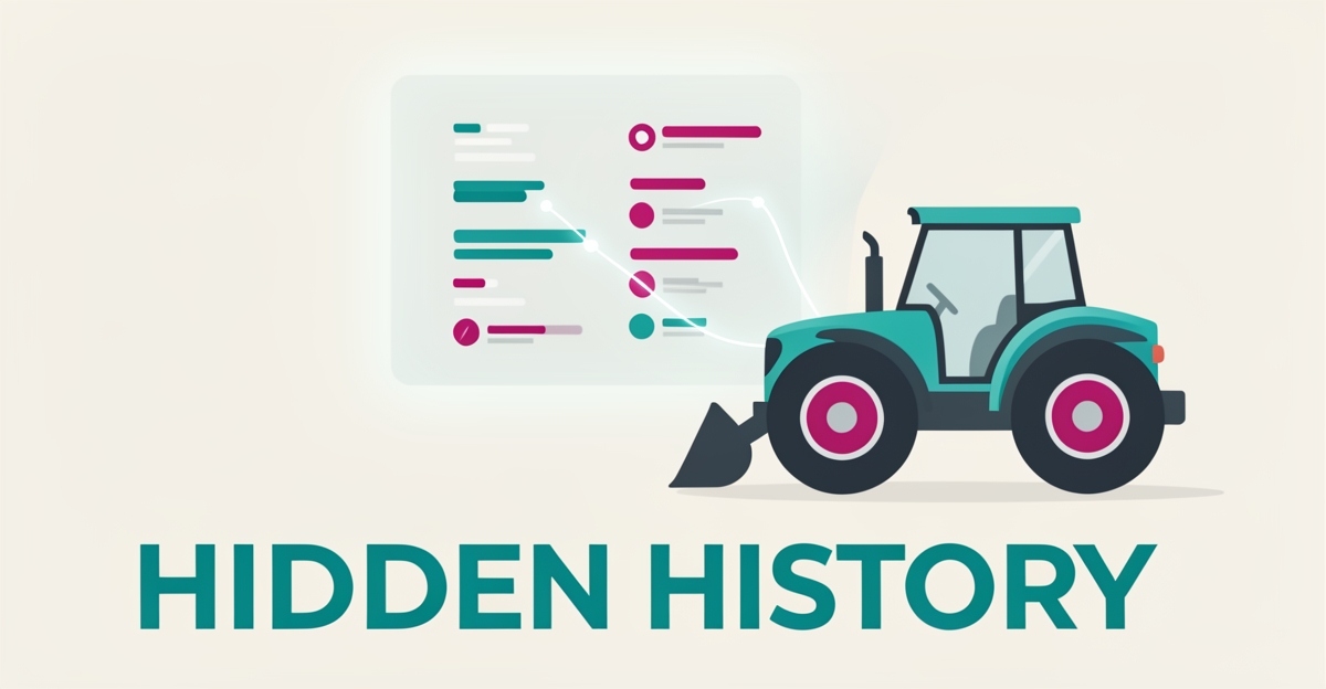 Flat illustration of a teal tractor linked to a glowing digital maintenance timeline, symbolizing transparent farm equipment service history.
