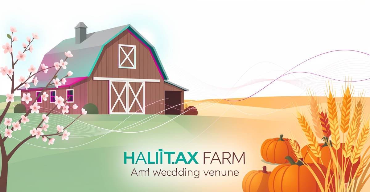 Minimalist flat illustration of a Halifax farm wedding venue with spring blossoms and autumn harvest and AI data accents.
