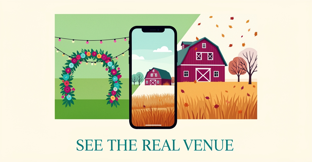 Flat illustration contrasting a barn wedding venue's summer and winter appearances beside a smartphone showing an outdated static website, accented in teal and magenta.