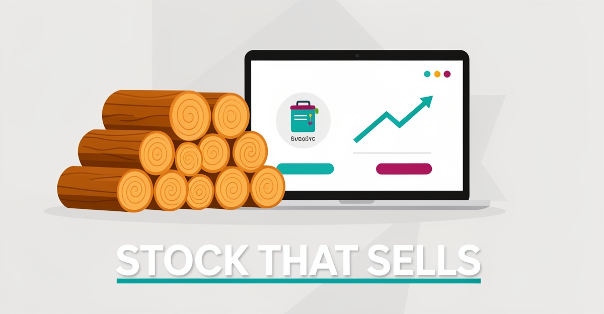 Flat illustration of stacked firewood beside a laptop showing a live inventory dashboard with teal and magenta accents.