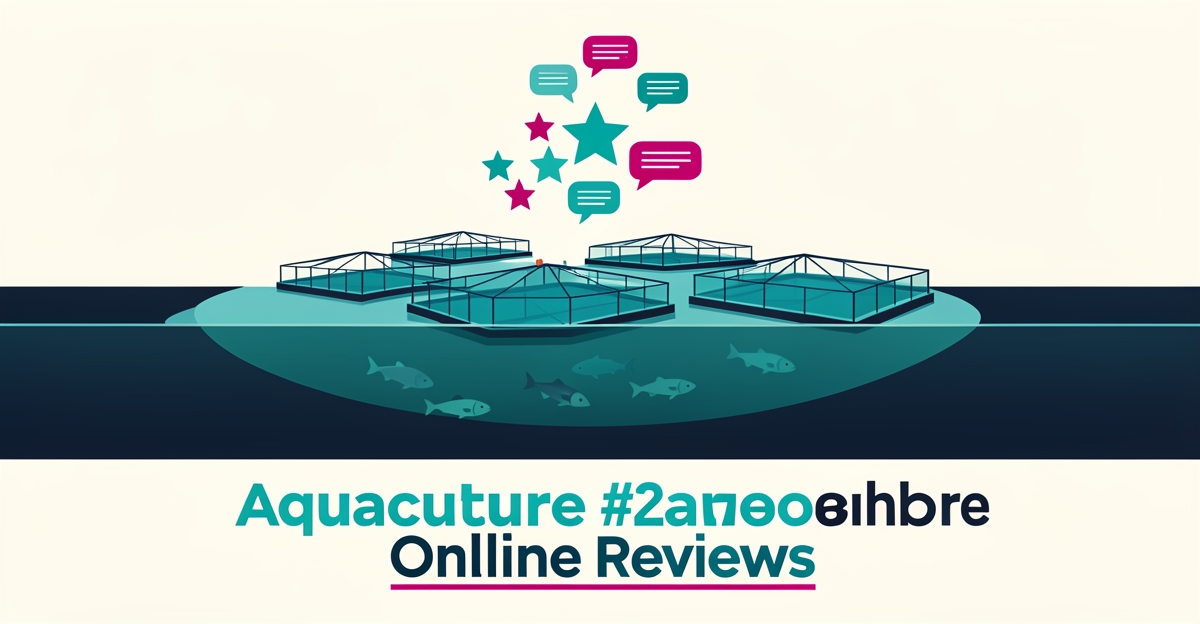 Flat illustration of a fish farm with review stars rising from the water, symbolizing the trust gap in aquaculture reviews.