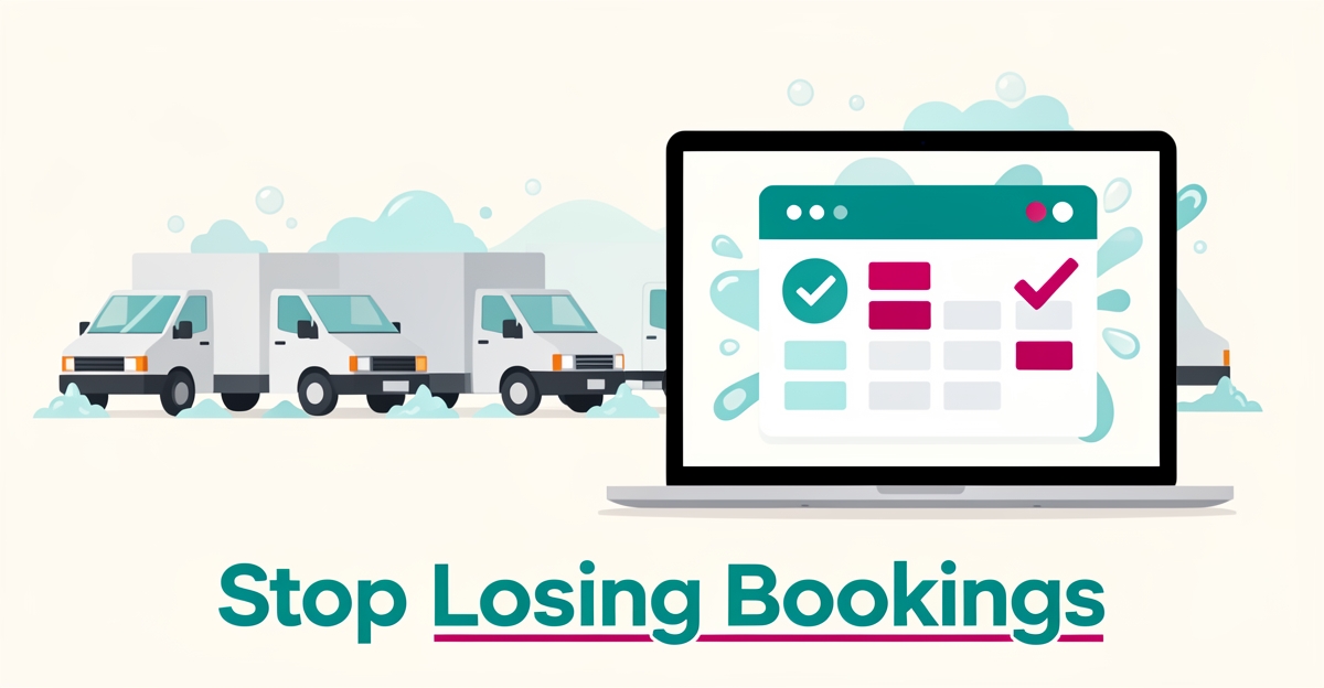 Flat illustration of a truck fleet being washed beside a laptop showing an online booking calendar, symbolizing conversion-optimized fleet washing websites.