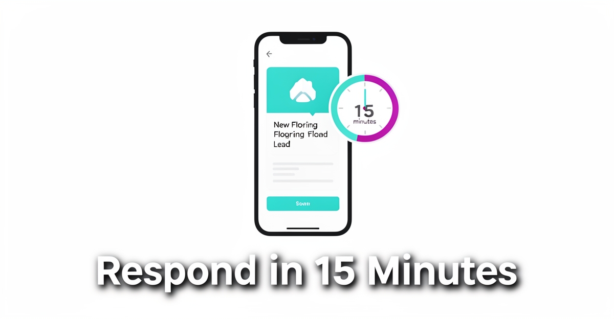 A minimalist flat illustration of a smartphone with a lead notification and a 15-minute clock, highlighting fast AI follow-up for flooring businesses, with brand color accents.