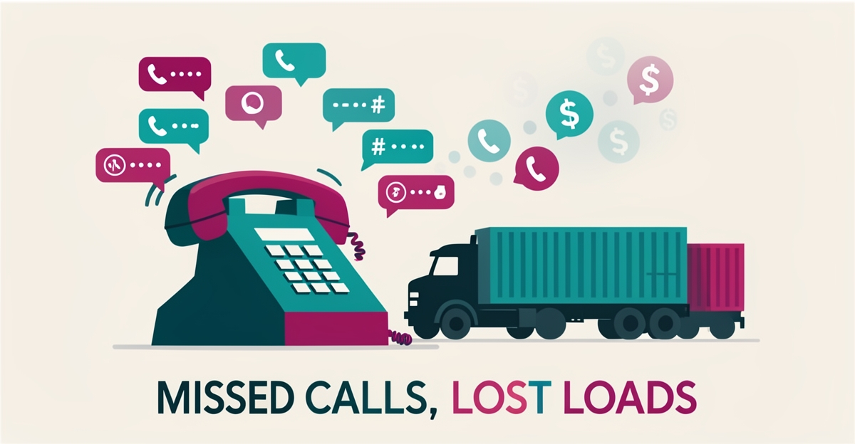 Flat illustration of an unanswered ringing phone beside a freight truck, with missed calls turning into lost revenue, in teal and magenta brand colors.
