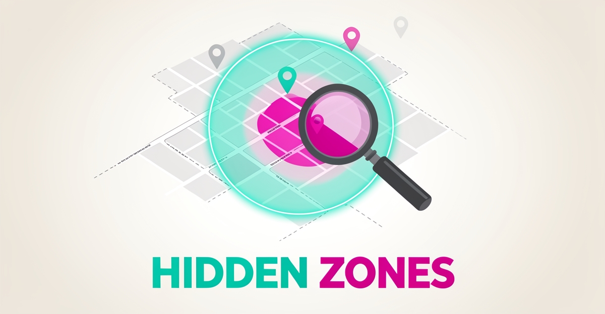 Flat illustration of a city map with a magnifying glass revealing a hidden pest control service zone in teal and magenta.