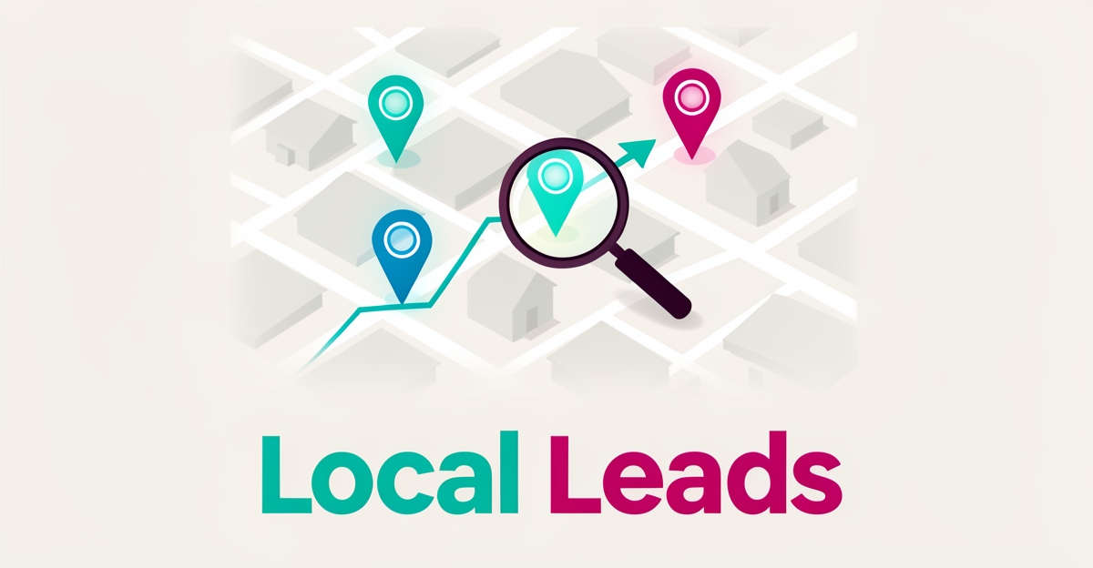 Flat illustration of a neighborhood map with location pins and a magnifying glass symbolizing local SEO lead capture for contractors.