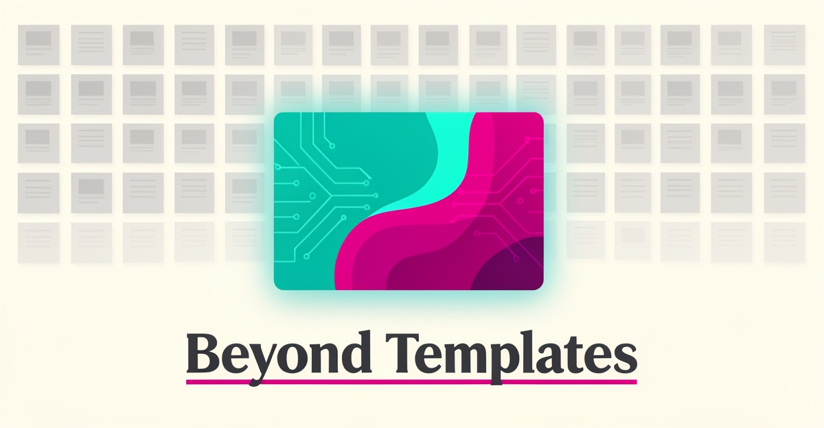 Flat illustration of identical gray website templates contrasted with one vibrant unique design in teal and magenta, headlined Beyond Templates.