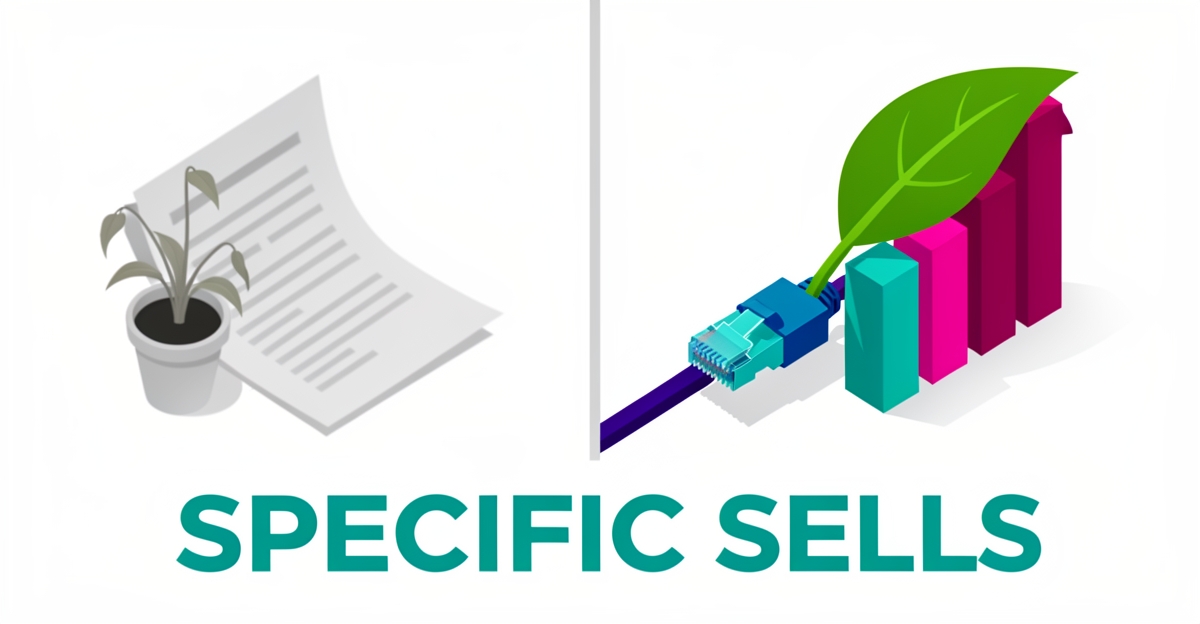 Flat illustration contrasting a faded generic document with a vibrant network cable transforming into a growth chart, highlighting the power of specific cabling descriptions.