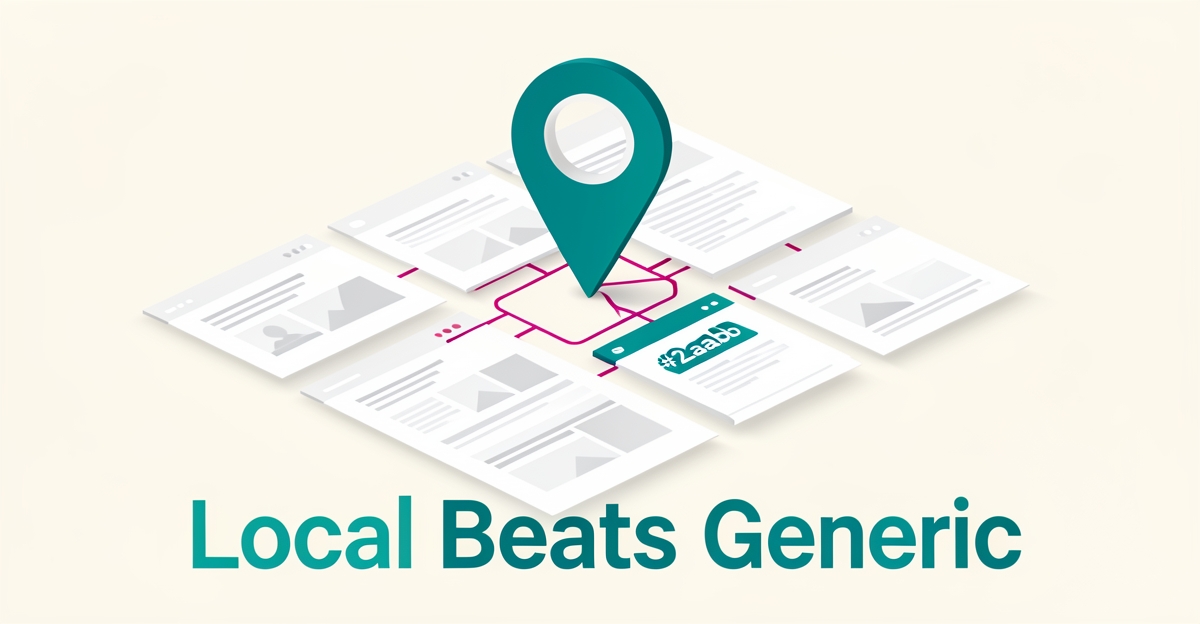 Flat illustration of a map pin rising above faded generic webpage cards, symbolizing location-specific dermatology pages outperforming generic content in local SEO.