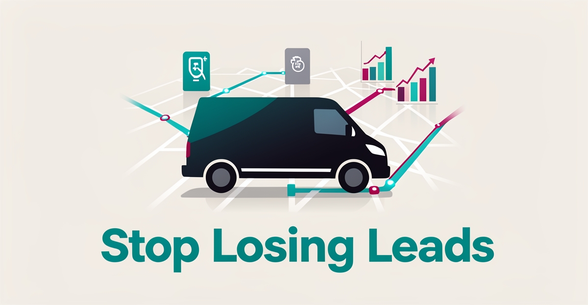 Flat illustration of an electric fleet van on a glowing route map with charging and data elements, headline reading Stop Losing Leads.