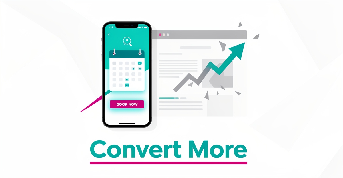 Flat illustration of a smartphone with an event booking interface beside a crumbling generic webpage, accented in teal and magenta, with the headline Convert More.