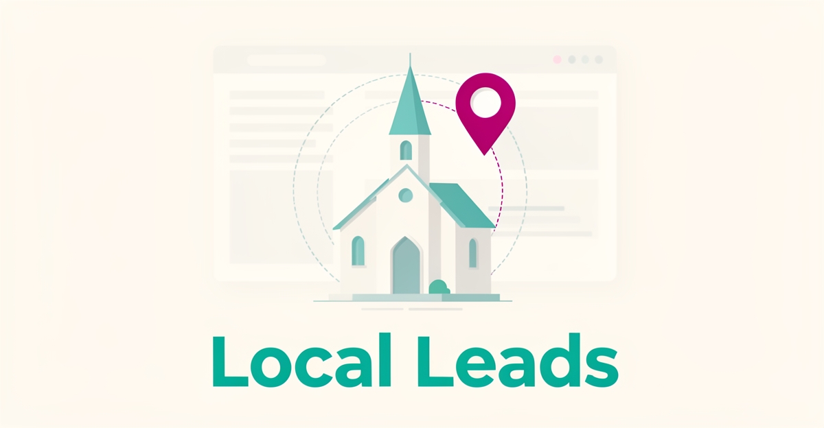 Flat illustration of a church building with a map pin and location radius lines, symbolizing local search visibility for church facility builders.