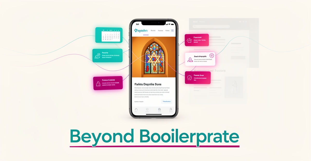 Flat illustration of a smartphone showing a personalized synagogue website with glowing AI content cards, replacing faded generic wireframes in teal and magenta accents.