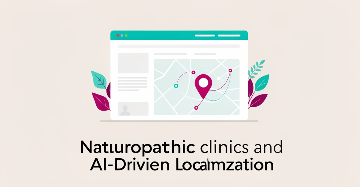 Flat illustration showing generic website transforming into localized AI-powered naturopathic clinic hub with map and botanical accents.