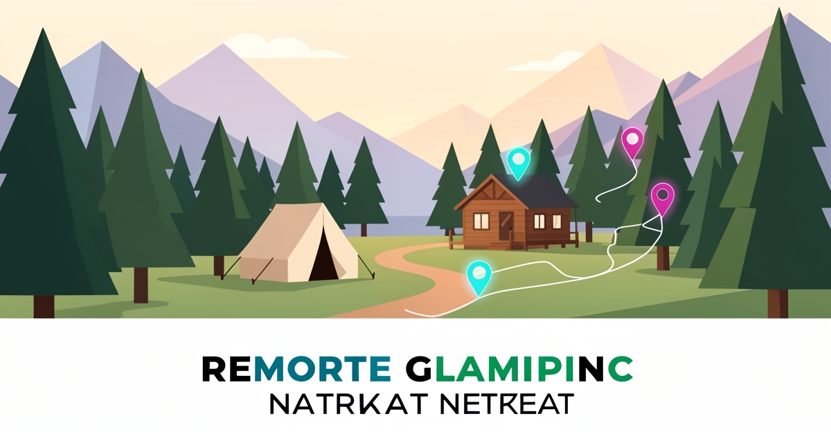 Minimalist flat illustration of a remote glamping site with a winding access road and map route highlights.