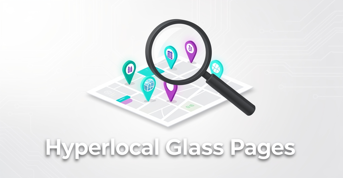 A minimalist flat illustration of a magnifying glass over a digital map with glowing location pins, symbolizing AI-powered hyperlocal glass business pages for local SEO, with brand color accents.