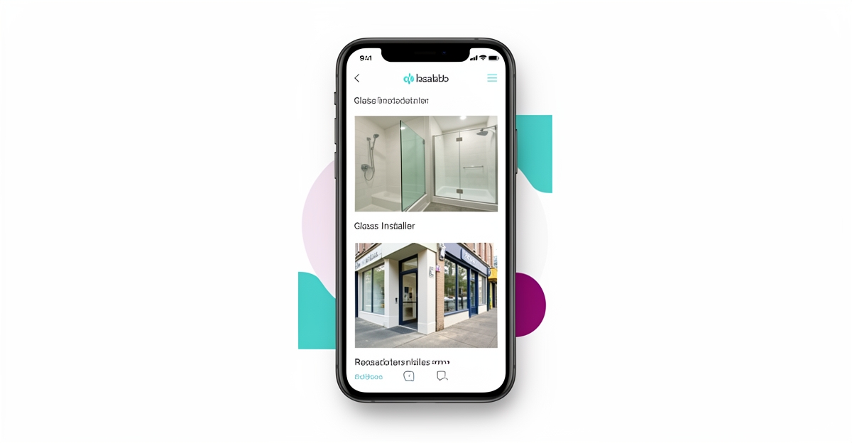 Smartphone screen showing a glass installer website with authentic project photos, using brand colors teal and magenta as accents, conveying trust and conversion through real work imagery