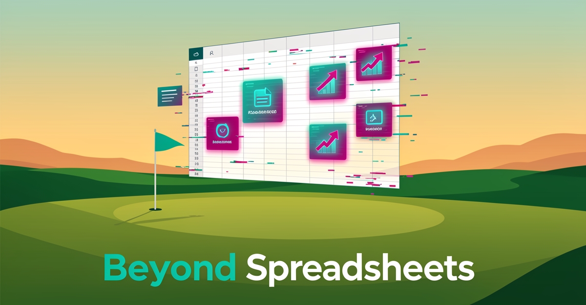 Flat illustration of a golf course with a glitching spreadsheet dissolving into digital booking icons, symbolizing the shift to modern tee-time software.