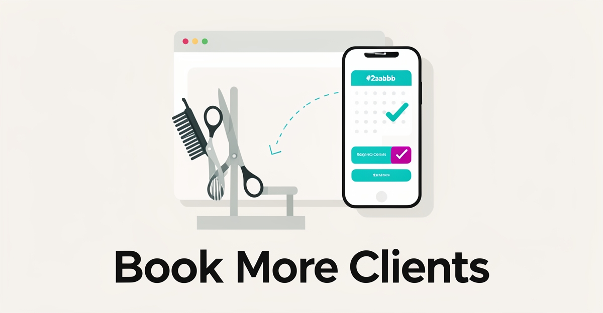 Flat illustration of a dog grooming station with a smartphone showing an online booking calendar, accented in teal and magenta.