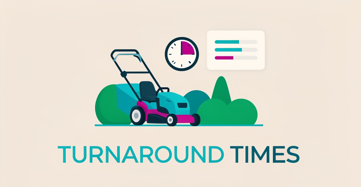 Flat illustration of a lawnmower, clock, and progress bar symbolizing grounds maintenance turnaround times, accented in teal and magenta.