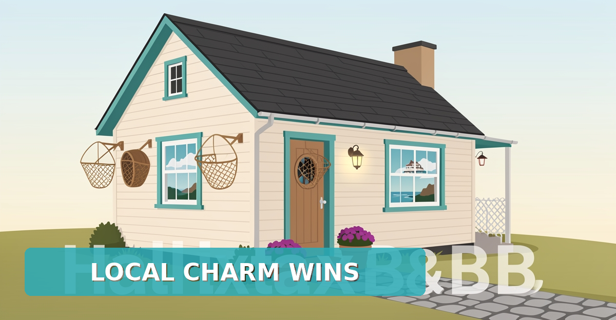 A minimalist flat illustration of a Halifax B&B with maritime details, featuring the headline 'Local Charm Wins' in the lower third, using brand colors #2aabb6 and #d946ef as accents.