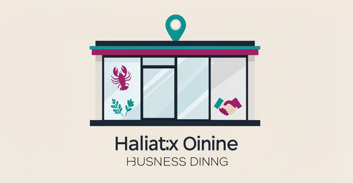 Flat illustration of a Halifax restaurant facade with local food icons and map pin highlighting localized service pages.