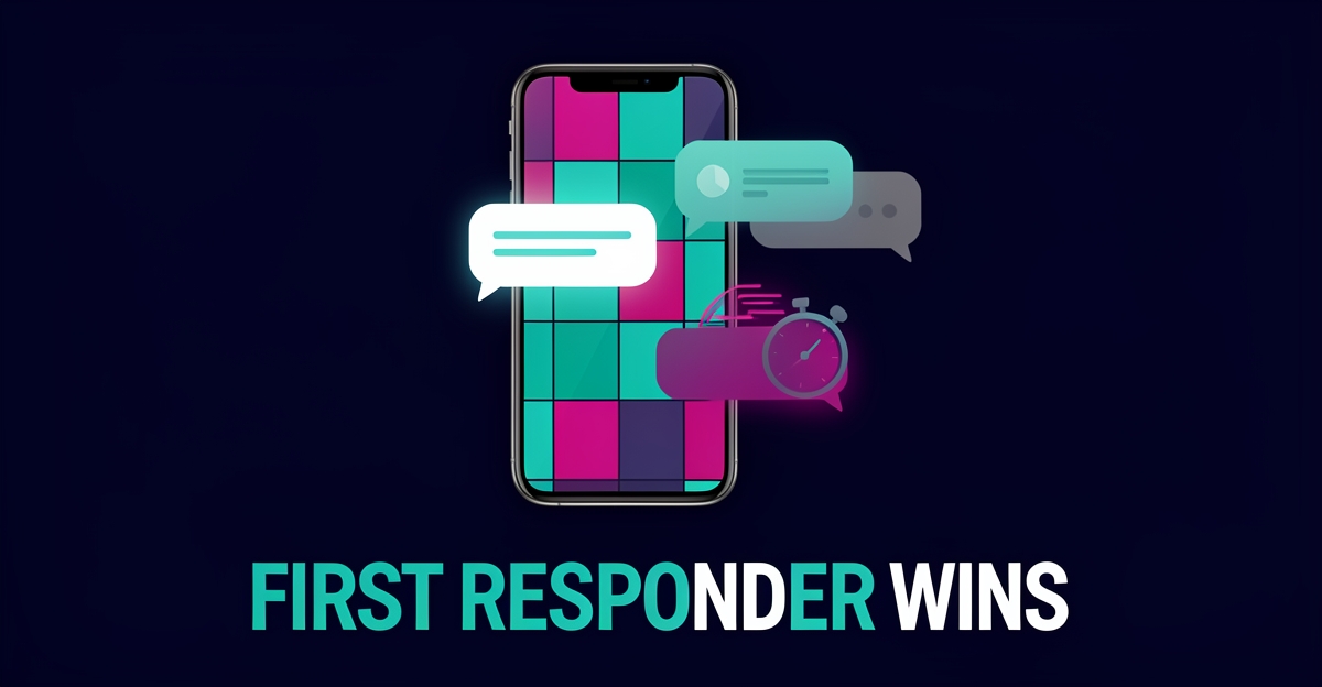 Flat illustration of a smartphone with instant AI chat reply and stopwatch beside a tile pattern, symbolizing fast lead response for Halifax tile installers.
