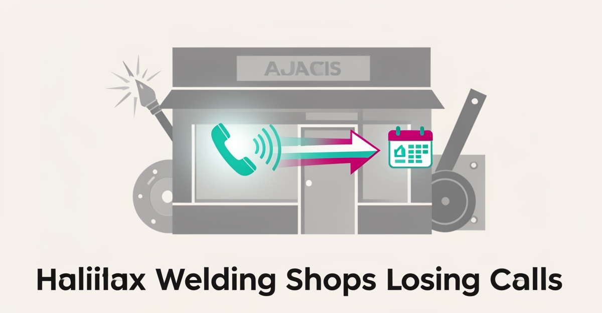 Flat illustration showing missed calls costing Halifax welding shops revenue with AI phone handling solution accents.