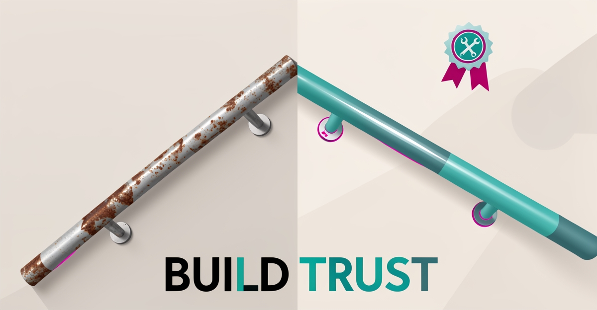 Flat illustration of a staircase handrail shown weathered on one side and freshly repaired on the other, symbolizing restored trust, with a bold headline reading Build Trust.