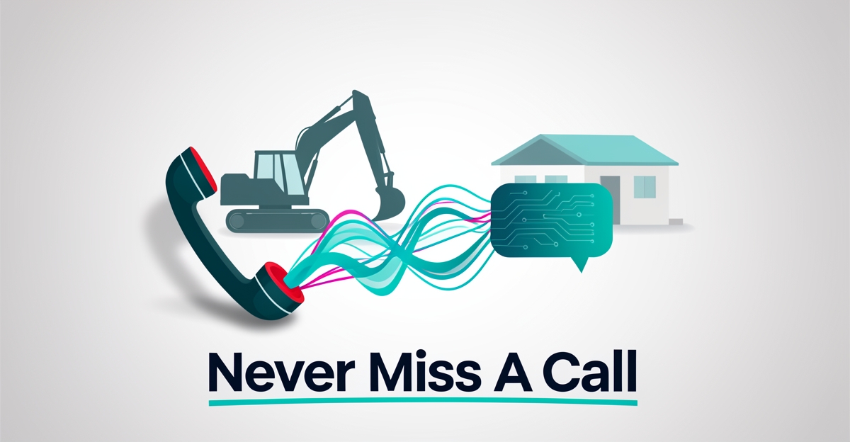 Flat illustration of heavy equipment training scene with a phone call transforming into AI voice waves, symbolizing automated call handling for schools.
