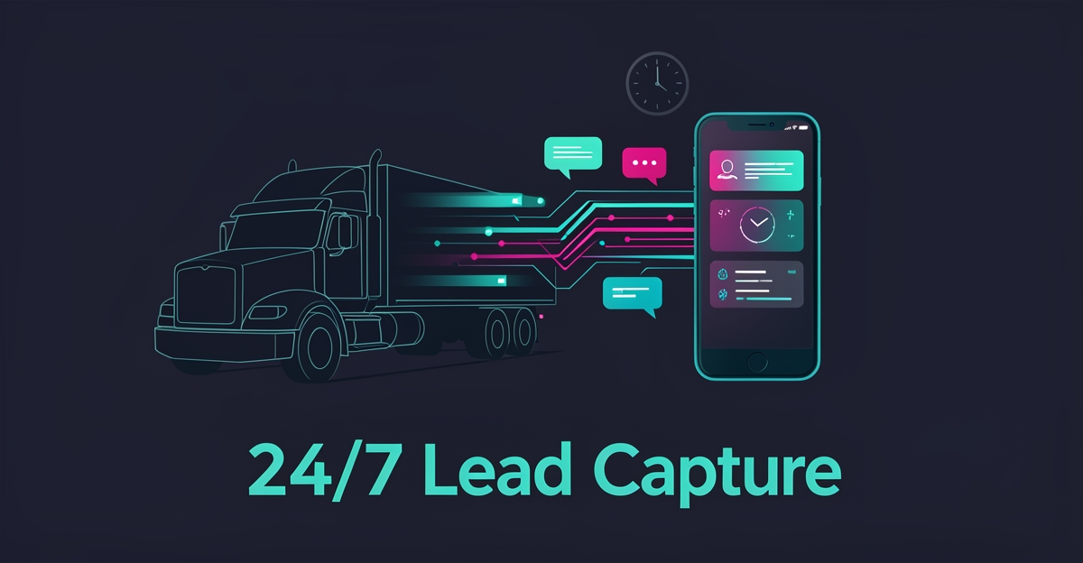Flat illustration of a semi truck in a repair bay with AI data streams flowing to a digital interface, symbolizing 24/7 fleet lead capture.