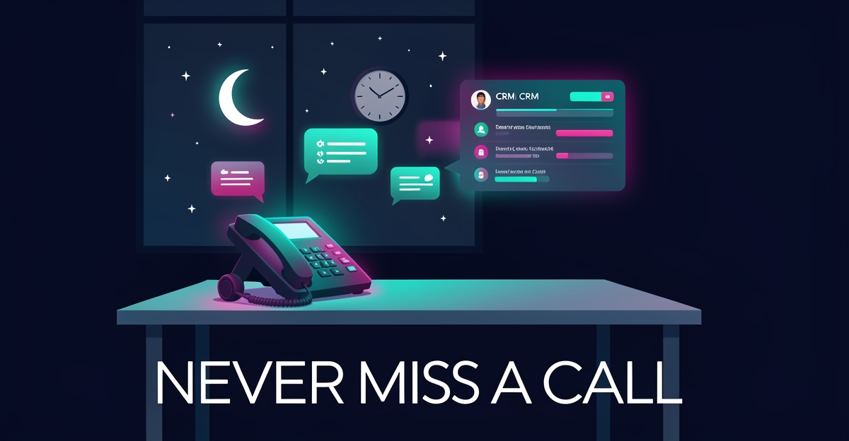 Flat illustration of a glowing office phone at night with CRM notification bubbles, symbolizing AI voice agents capturing after-hours calls.