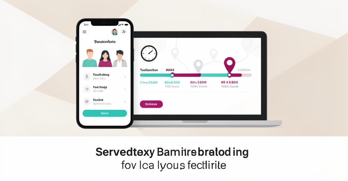 Flat illustration showing AI-powered service timelines boosting local bookings with dynamic scheduling and teal magenta accents.