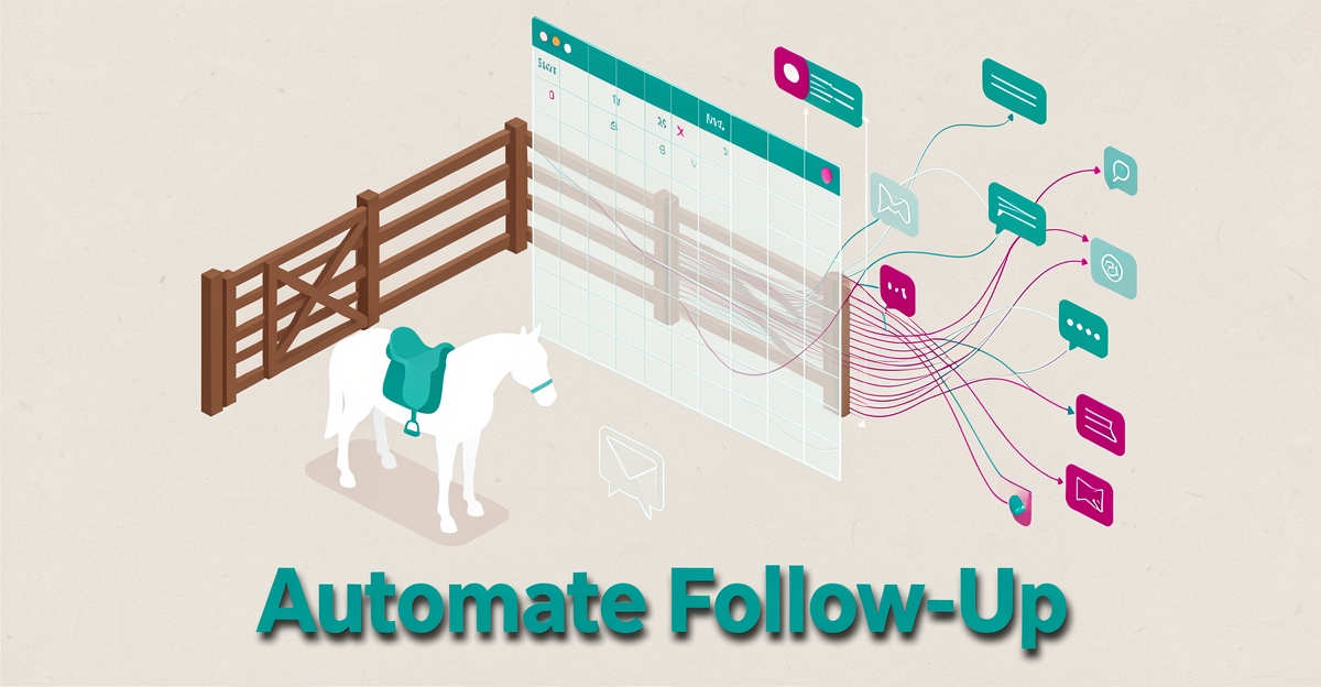 Flat illustration showing a horse and dissolving spreadsheet turning into automated digital follow-up flow for a riding stable.