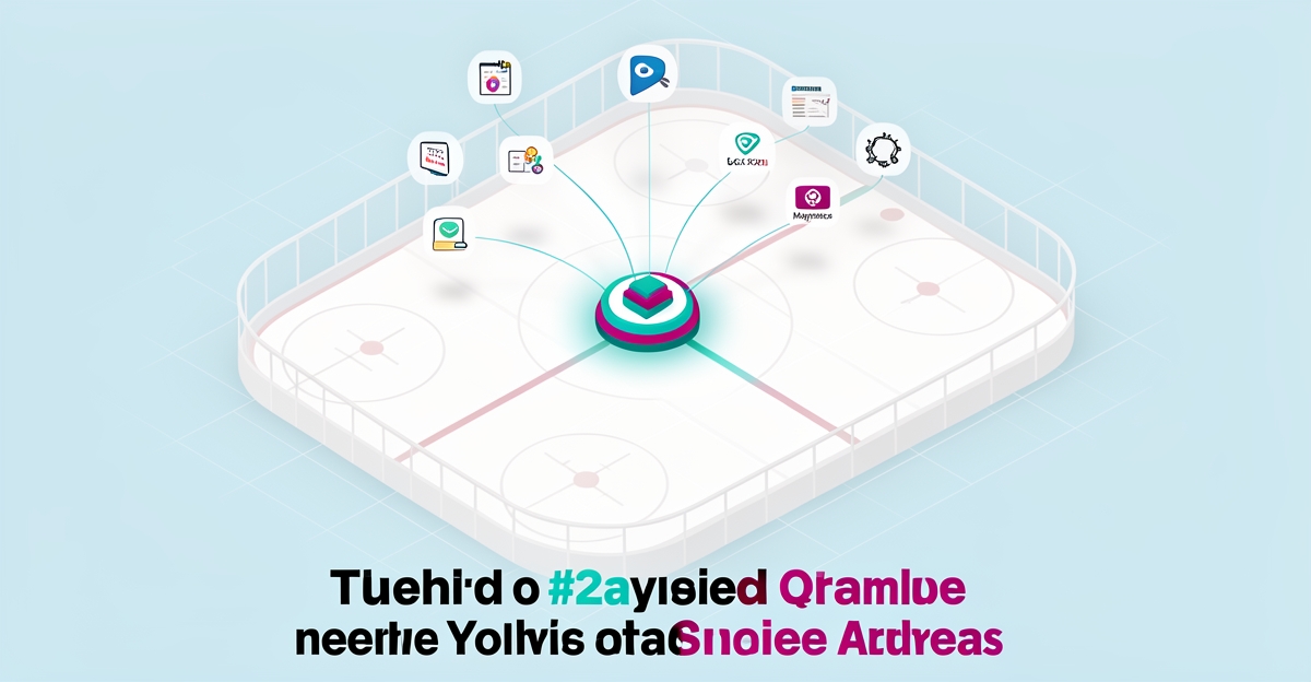 Flat illustration of ice rink with multiple app icons consolidating into one unified platform with teal and magenta accents.
