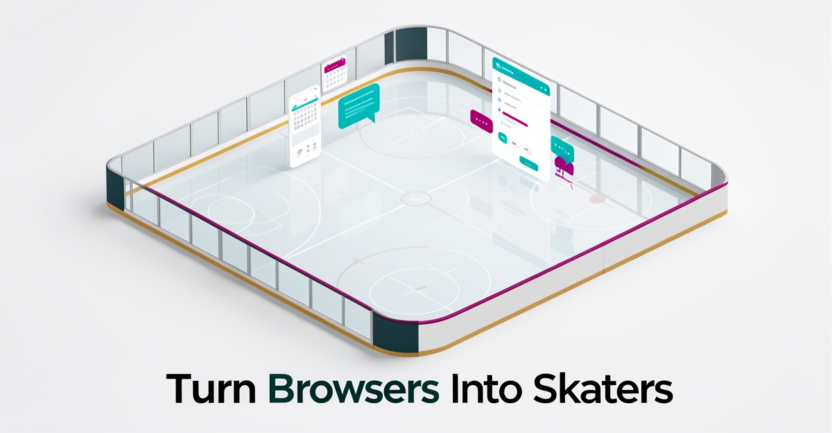 Flat illustration of an empty ice rink with AI booking UI elements highlighting conversion improvements for skating websites.