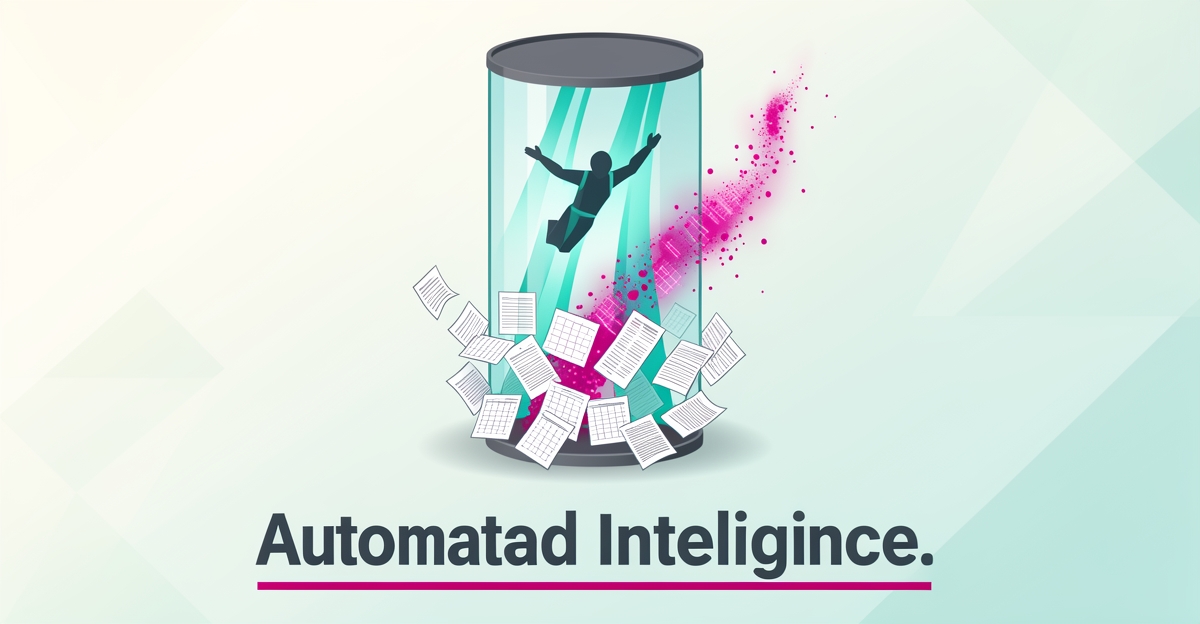 Flat illustration of an indoor skydiving wind tunnel with spreadsheet papers dissolving into digital data streams, symbolizing CRM automation for facility operations.