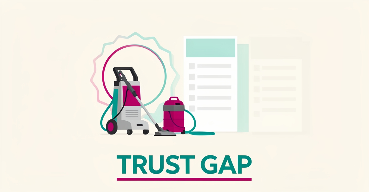 Flat illustration of industrial cleaning equipment beside missing certification badges, highlighting the trust gap in certification transparency.