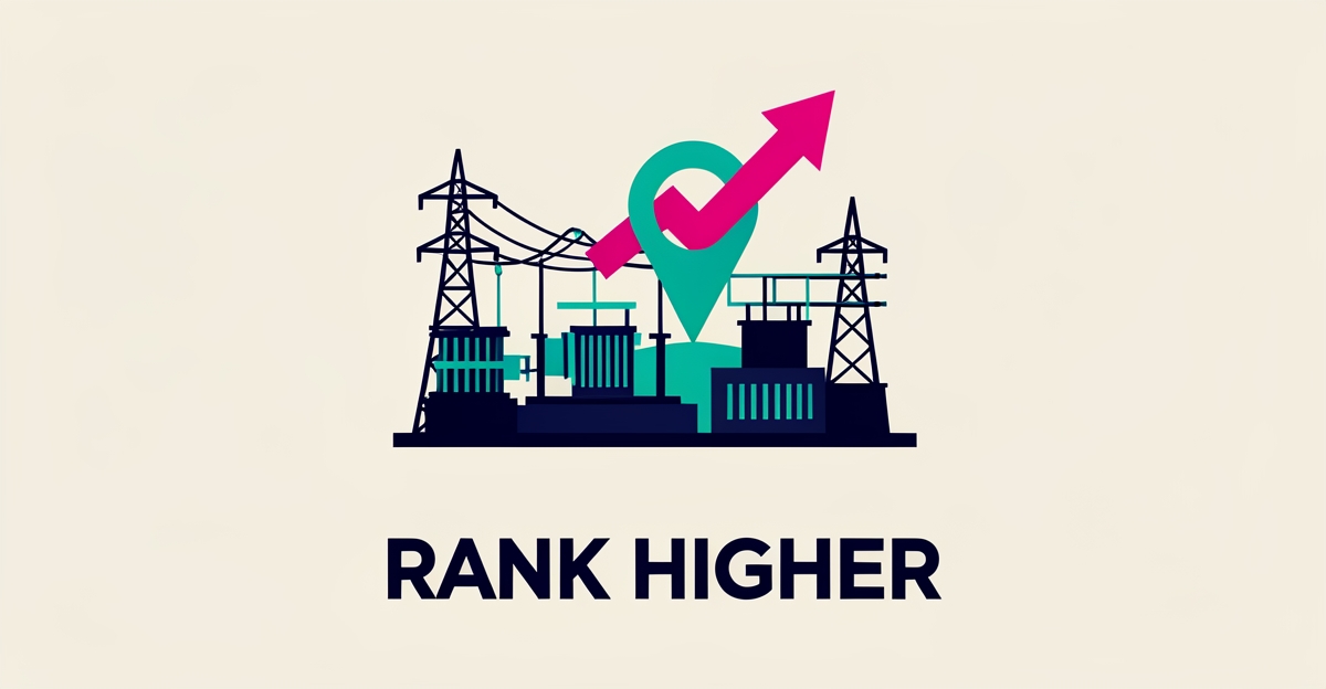 Flat illustration of power lines and a rising search ranking graph over a map pin, symbolizing local SEO success for electrical contractors.