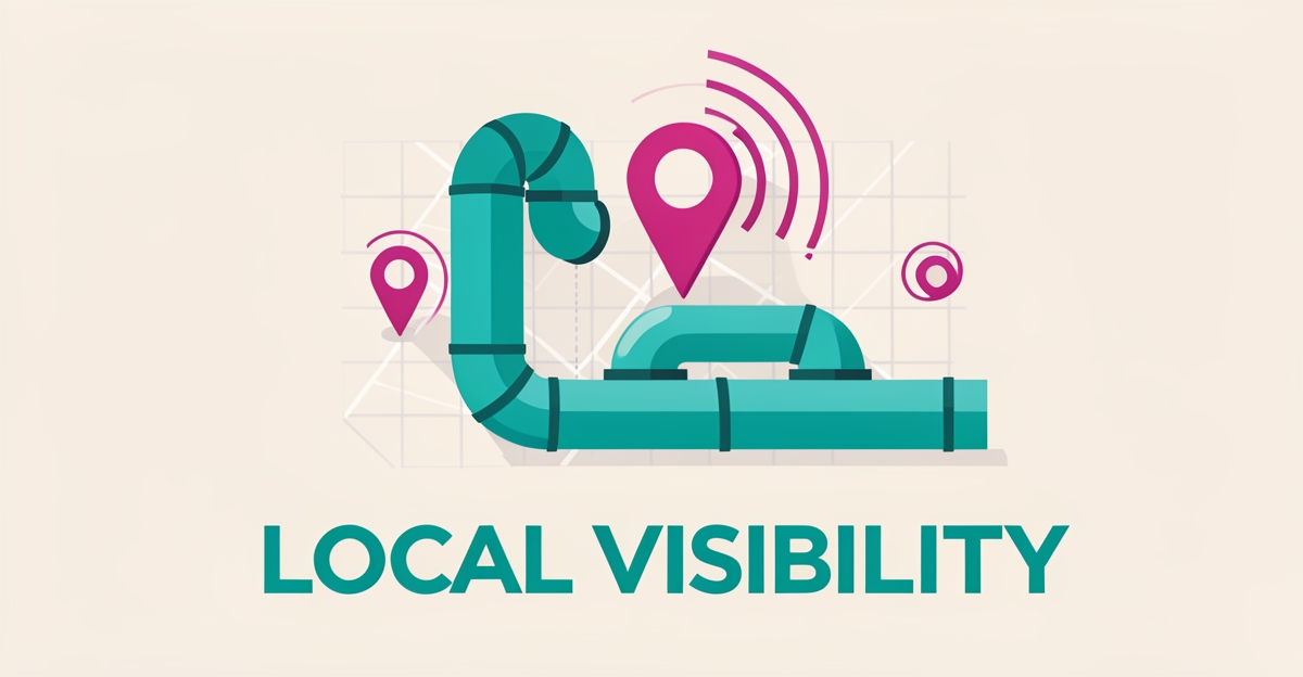 Flat illustration of insulated industrial pipes with map pins and signal markers symbolizing local search visibility for contractors.