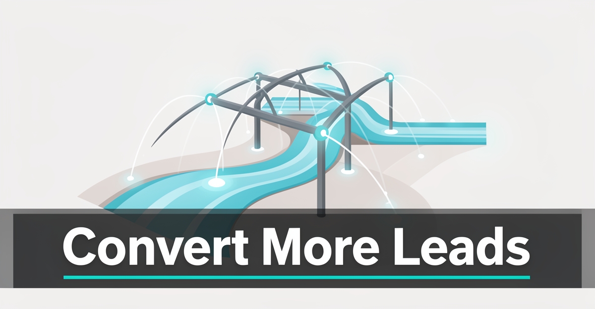 A minimalist flat illustration of a smart irrigation system with digital connectivity symbols, featuring the headline 'Convert More Leads' in the lower third as a designed accent.