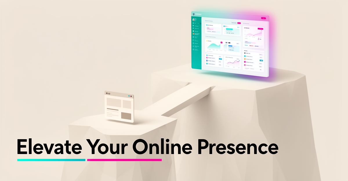 Flat illustration of a simple website card outgrown on a plateau, with a path leading to a larger managed dashboard in teal and magenta accents.