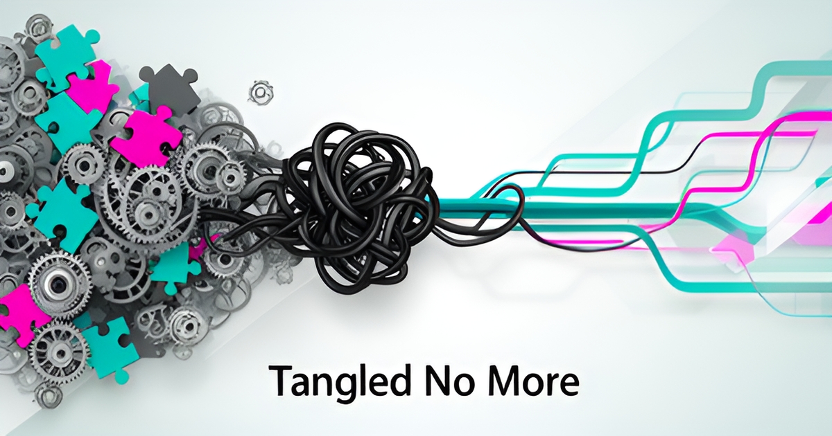 Flat illustration of tangled website gears untangling into a streamlined automated flow, accented in teal and magenta with the headline Tangled No More.