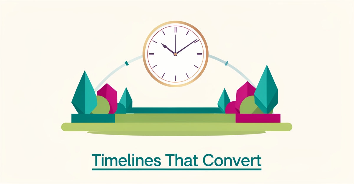 Flat illustration of a landscaped garden with a clock and timeline bar symbolizing clear project turnaround times for landscaping websites.